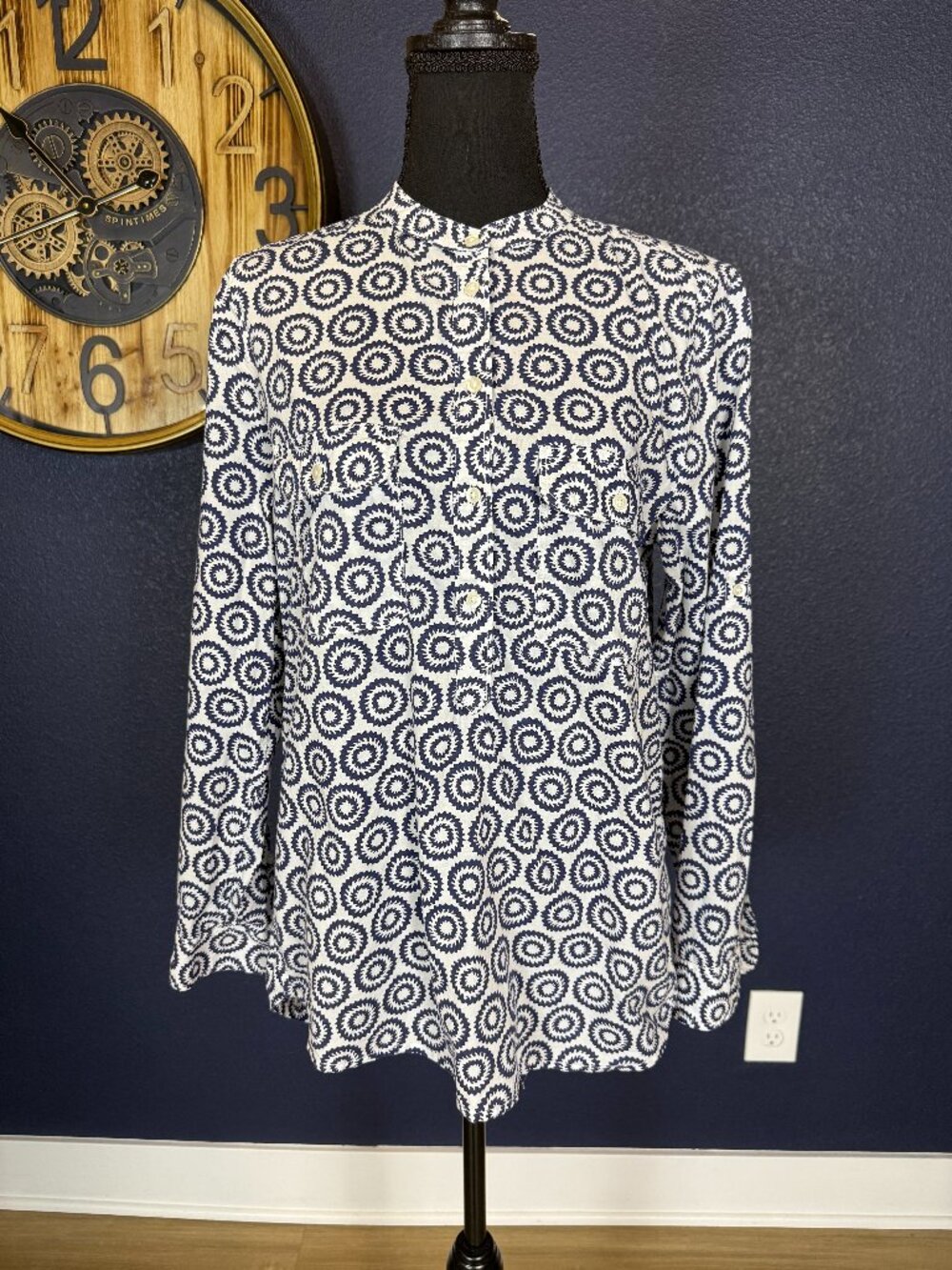 Gap Vintage Blue Circle Print Long Sleeve with Roll Tabs Tunic Blouse | S
